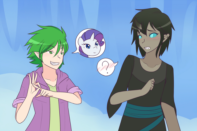 Size: 1280x853 | Tagged: androgynous, and then spike was bi, and then spike was gay, artist:jonfawkes, blushing, changeling, clothes, derpibooru import, elf ears, fangs, friendship with benefits, horned humanization, human, humanized, implied interspecies, implied rarity, implied sex, implied sparity, question mark, shipping, spike, suggestive, the times they are a changeling, thorarity, thorax, thoraxspike