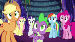 Size: 640x360 | Tagged: safe, derpibooru import, screencap, applejack, fluttershy, pinkie pie, rainbow dash, rarity, spike, dragon, earth pony, pegasus, pony, unicorn, equestria girls, rainbow rocks, animated, castle, cute, cute little fangs, fangs, female, hat, library, looking at you, male, mare, open mouth, smiling, twilight's castle