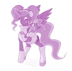 Size: 1006x1000 | Tagged: safe, artist:dstears, derpibooru import, princess luna, alicorn, pony, boots, clothes, crossover, cute, female, high heel boots, mare, miniskirt, one eye closed, pigtails, shoes, skirt, solo, space channel 5, ulala, wink