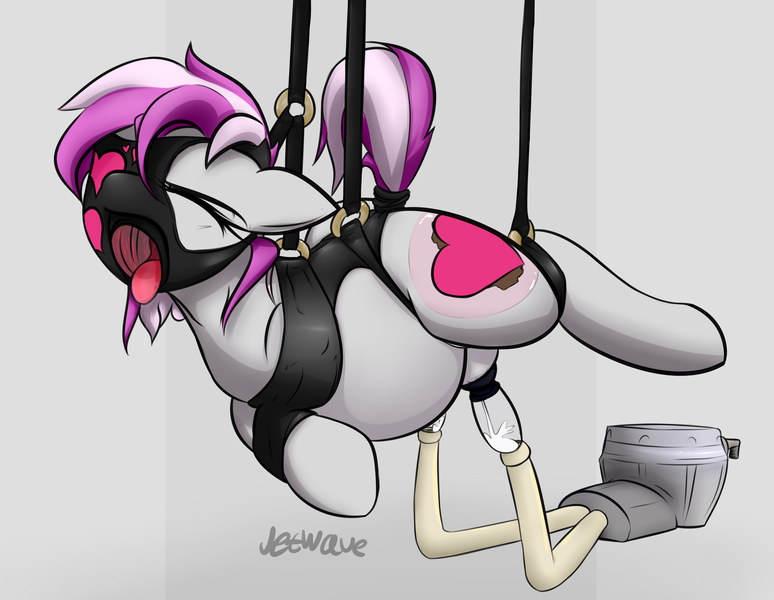 Size: 4092x3172 | Tagged: questionable, artist:jetwave, derpibooru import, oc, oc:hired gun, unofficial characters only, pony, fallout equestria, fallout equestria: heroes, amputee, bondage, breast milk, covered cutie mark, crotchboobs, cutiemarking, female, gag, lactation, latex, milking, milking machine, muzzle gag, nudity, pregnant, ring gag, solo, solo female, suspended, tail wrap, teats, tongue out