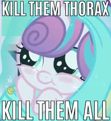 Size: 520x566 | Tagged: safe, derpibooru import, edit, edited screencap, screencap, princess flurry heart, pony, the times they are a changeling, :t, baby, baby pony, blushing, caption, cute, dissonant caption, evil flurry heart, flurrybetes, image macro, implied thorax, kill them all, levitation, magic, meme, pure unfiltered evil, smiling, solo, telekinesis