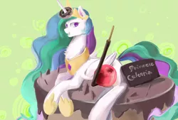 Size: 3496x2362 | Tagged: artist:wolvierland, cake, cakelestia, chest fluff, derpibooru import, donut, food, fruit, grin, horn grab, princess celestia, prone, safe, small head, smiling, solo