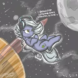 Size: 3000x3000 | Tagged: safe, artist:flutterthrash, derpibooru import, limestone pie, earth pony, pony, female, floating, headphones, mare, mp3 player, newbie artist training grounds, planet, solo, space