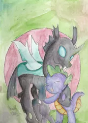 Size: 2504x3492 | Tagged: artist:sumisunny124, changeling, derpibooru import, gay, hug, male, safe, shipping, smiling, spike, the times they are a changeling, thorax, thoraxspike, traditional art