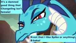 Size: 1280x720 | Tagged: caption, death stare, derpibooru import, discovery family logo, dragon, dragon armor, edit, edited screencap, gauntlet of fire, hilarious in hindsight, image macro, jealous, meme, princess ember, raised eyebrow, safe, screencap, the times they are a changeling, tsundember, tsundere