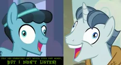 Size: 1455x778 | Tagged: changeling, crossing the memes, crystal hoof, crystal hoof didn't listen, derp, derpibooru import, disguise, disguised changeling, edit, edited screencap, exploitable meme, i didn't listen, image macro, meme, party favor, safe, screencap, the times they are a changeling, thorax