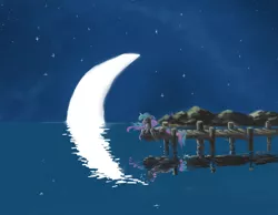 Size: 1800x1400 | Tagged: safe, artist:da-exile, derpibooru import, princess celestia, alicorn, pony, crescent moon, eyes closed, female, floppy ears, mare, missing accessory, moon, newbie artist training grounds, night, outdoors, pier, prone, reflection, sky, solo, stars, water, windswept mane