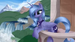 Size: 3840x2160 | Tagged: artist:aurelleah, cloud, cute, derpibooru import, door, epic, forest, happy, looking away, mountain, princess luna, river, s1 luna, safe, smiling, solo, water, waterfall, wip