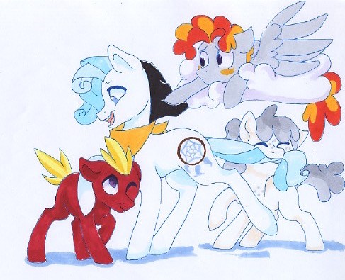 Size: 487x395 | Tagged: artist:frozensoulpony, derpibooru import, oc, oc:captain kidd, oc:crispin, oc:darcy spice, oc:ollie, offspring, parent:apple bloom, parent:rumble, parents:rumbloom, safe, unofficial characters only