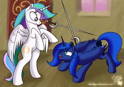 Size: 4900x3440 | Tagged: safe, artist:solarspark, derpibooru import, princess celestia, princess luna, alicorn, pony, blood, cut, female, fencing, fight, mare, newbie artist training grounds, sword, weapon