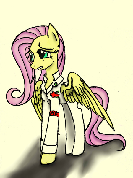 Size: 1944x2592 | Tagged: artist:lth935, clothes, derpibooru import, fallout equestria, fluttershy, looking away, ministry mares, ministry of peace, safe, solo, spread wings, standing