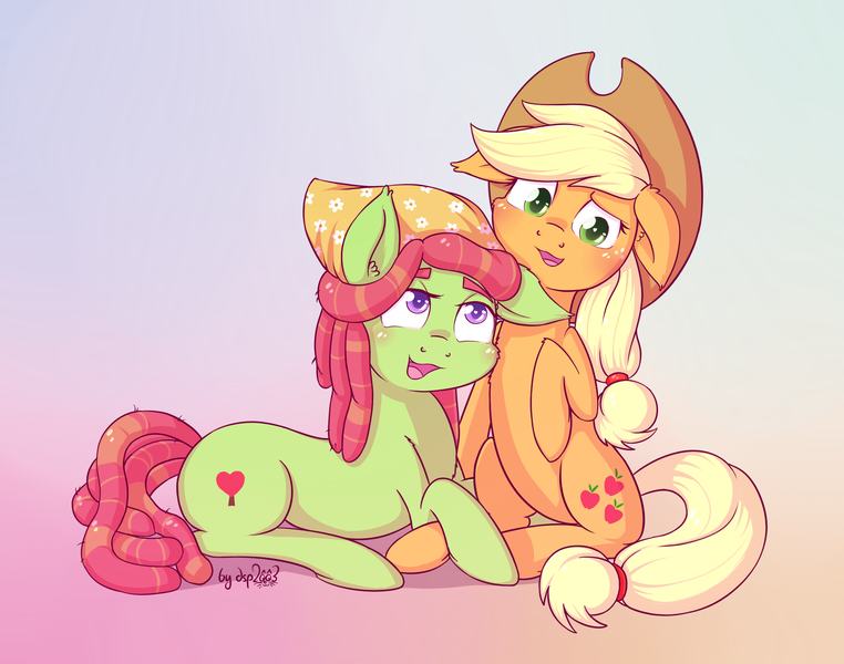 Size: 2103x1656 | Tagged: safe, alternate version, artist:dsp2003, derpibooru import, applejack, tree hugger, pony, applehugger, female, floppy ears, lesbian, mare, open mouth, shipping, textless