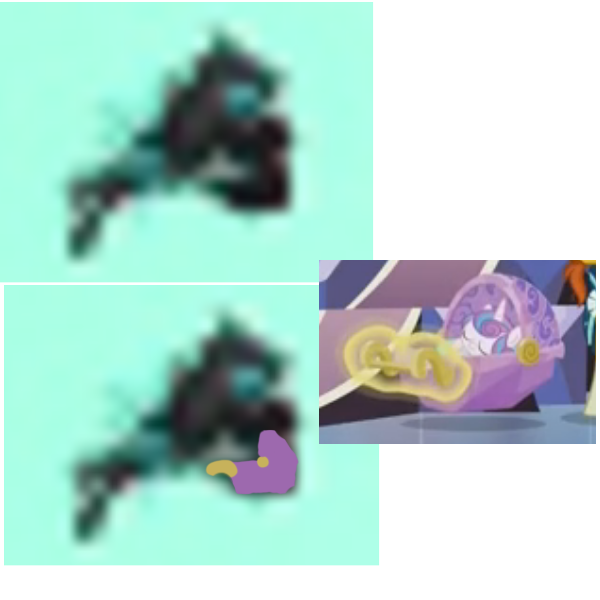 Size: 600x600 | Tagged: baby blanket, baby carrier, changeling, cradle, derpibooru import, edit, edited screencap, princess flurry heart, safe, screencap, sleeping, swaddling, the crystalling, theory, the times they are a changeling