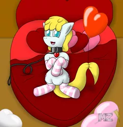 Size: 2029x2095 | Tagged: safe, artist:metalzaki, derpibooru import, oc, oc:tender heart, unofficial characters only, earth pony, pony, balloon, bed, blue eyes, charm, clothes, collar, colored pupils, female, heart balloon, heart bed, heart pillow, heart shaped bed, latex, latex socks, leash, lying, lying down, male, on back, open mouth, pillow, socks, stallion, striped socks