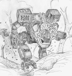 Size: 885x926 | Tagged: artist:t72b, battletech, crossover, derpibooru import, mad cat, mech, mecha, monochrome, newbie artist training grounds, safe, silly, solo, timber wolf, timber wolf (battletech), traditional art, tree, weapon