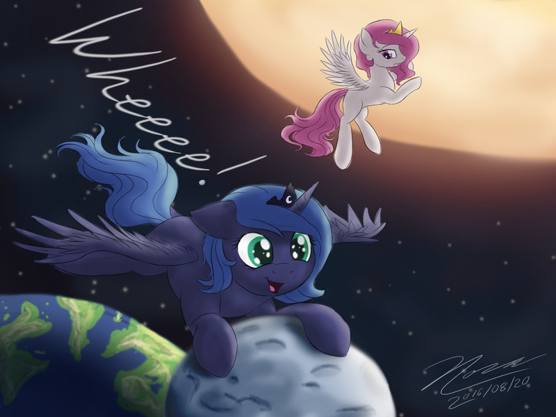 Size: 1024x768 | Tagged: artist:novaintellus, derpibooru import, filly, moon, newbie artist training grounds, planet, pony bigger than a planet, princess celestia, princess luna, safe, space, sun, tangible heavenly object, woona