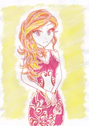 Size: 2464x3484 | Tagged: safe, artist:dragonemperror2810, derpibooru import, sunset shimmer, equestria girls, alternate costumes, beautiful, clothes, dress, solo, traditional art