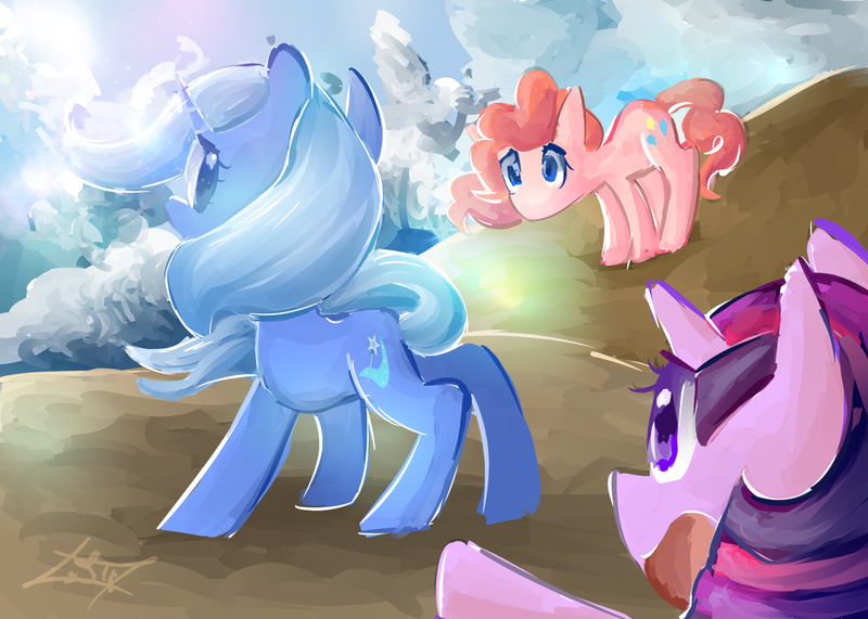 Size: 1400x1000 | Tagged: safe, artist:tamoqu, derpibooru import, pinkie pie, trixie, twilight sparkle, pony, unicorn, female, mare, sad