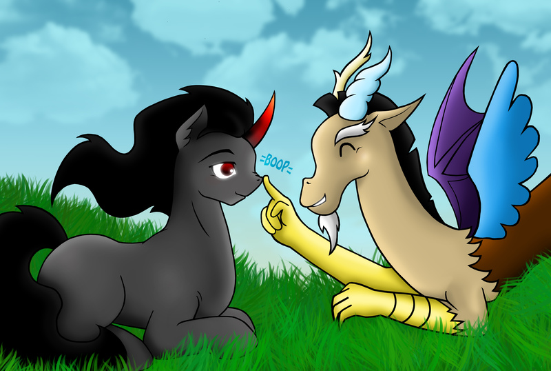 Size: 5000x3363 | Tagged: safe, artist:pixel-spark, derpibooru import, discord, king sombra, draconequus, pony, unicorn, fanfic:umbrum ad infinitum, absurd resolution, boop, cloud, fanfic art, gay, grass, image, jpeg, male, real life background, shipping, sky, sombracord