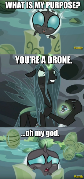Size: 696x1472 | Tagged: caption, changeling, changeling larva, changeling queen, derpibooru import, edit, edited screencap, egg, female, grub, image macro, meme, mommy chrissy, queen chrysalis, rick and morty, safe, screencap, something ricked this way comes, the times they are a changeling, thorax