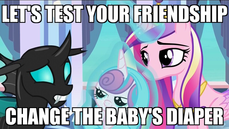 Size: 1920x1080 | Tagged: caption, changeling, derpibooru import, edit, edited screencap, image macro, meme, princess cadance, princess flurry heart, safe, screencap, the times they are a changeling, this will end in tears, thorax