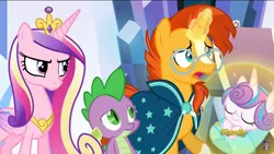 Size: 1280x720 | Tagged: safe, derpibooru import, screencap, princess cadance, princess flurry heart, spike, sunburst, pony, the times they are a changeling, baby, baby blanket, baby pony, debate, discovery family logo, snug, swaddling, wrapped