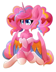 Size: 1108x1426 | Tagged: suggestive, artist:blazemizu, derpibooru import, oc, oc:skittlepop, unofficial characters only, alicorn, pony, alicorn oc, chest fluff, clothes, female, hair bow, panties, pink underwear, simple background, smiling, socks, solo, solo female, transparent background, underwear