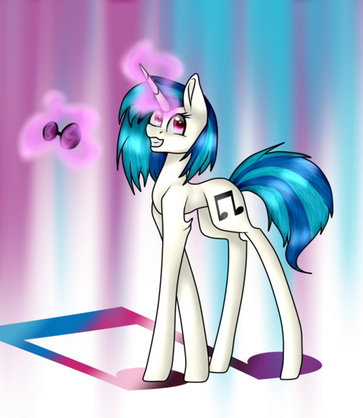 Size: 833x958 | Tagged: safe, artist:leviathanlil, derpibooru import, vinyl scratch, pony, unicorn, cutie mark, female, glasses off, glowing horn, hooves, horn, levitation, magic, mare, smiling, solo, sunglasses, teeth, telekinesis