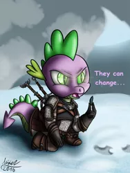 Size: 600x800 | Tagged: safe, artist:misiekpl, derpibooru import, spike, the times they are a changeling, clothes, crossover, dialogue, open mouth, signature, snow, solo, text, the witcher, the witcher 3