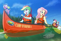 Size: 1200x800 | Tagged: safe, artist:uotapo, derpibooru import, bon bon, fluttershy, lyra heartstrings, rainbow dash, spike, spike the regular dog, sweetie drops, dog, fish, salmon, equestria girls, legend of everfree, boat, camp everfree, canoe, canoeing, cap, clothes, cloud, duo, female, hat, lifejacket, male, oar, open mouth, rapids, river, rowing, sky, tree, water