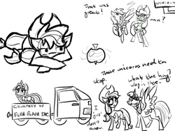 Size: 800x600 | Tagged: safe, artist:sallindaemon, derpibooru import, applejack, rainbow dash, twilight sparkle, twilight sparkle (alicorn), alicorn, pony, applejack truck, cardboard cutout, cardboard twilight, monochrome, newbie artist training grounds, silly, silly pony, sketch, top, who's a silly pony