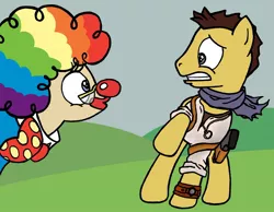Size: 1280x995 | Tagged: artist needed, clown, clown nose, derpibooru import, glasses, mayor mare, nathan drake, ponified, red nose, safe, scared, uncharted