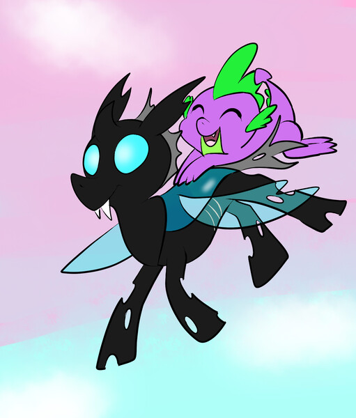 Size: 1656x1944 | Tagged: artist:thedapperdragon, changeling, derpibooru import, dragon, dragons riding changelings, happy, safe, smiling, spike, the times they are a changeling, thorax