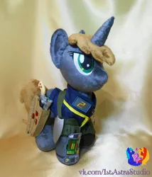 Size: 1280x1495 | Tagged: safe, artist:1stastrastudio, derpibooru import, oc, oc:littlepip, unofficial characters only, pony, unicorn, fallout equestria, fanfic, clothes, female, gun, handgun, irl, little macintosh, mare, photo, pipbuck, plushie, revolver, solo, vault suit, weapon