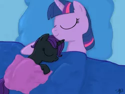 Size: 1200x900 | Tagged: safe, artist:sgtgarand, derpibooru import, twilight sparkle, oc, oc:nyx, alicorn, pony, alicorn oc, bed, cute, female, filly, mama twilight, mother and daughter, nyxabetes, sleeping, twiabetes