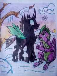 Size: 720x960 | Tagged: artist:pollito15, changeling, derpibooru import, graph paper, safe, smiling, snow, spike, the times they are a changeling, thorax, traditional art