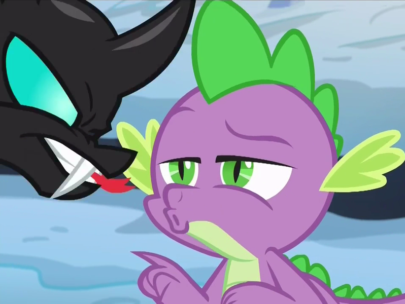 Size: 956x719 | Tagged: changeling, derpibooru import, edit, edited screencap, gay, male, out of context, safe, screencap, shipping, spike, the times they are a changeling, thorax, thoraxspike