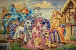 Size: 1280x843 | Tagged: safe, artist:the-wizard-of-art, derpibooru import, applejack, derpy hooves, fluttershy, pinkie pie, rainbow dash, rarity, twilight sparkle, pegasus, pony, female, mane six, mare, traditional art, watercolor painting