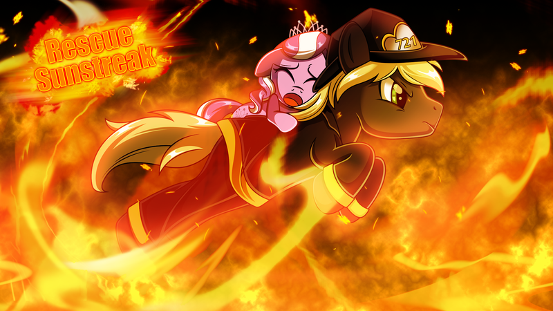 Size: 1920x1080 | Tagged: artist:estories, derpibooru import, diamond tiara, fire, firefighter, oc, oc:rescue sunstreak, rescue, safe, wallpaper