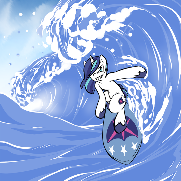 Size: 2000x2000 | Tagged: safe, artist:graphic-lee, derpibooru import, shining armor, pony, bipedal, sky, solo, surfboard, surfing, water, wave