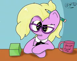 Size: 2439x1961 | Tagged: artist:bronybehindthedoor, coffee mug, derpibooru import, desk, glasses, grace manewitz, looking at you, pencil, safe, signature, solo