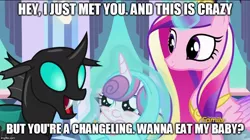 Size: 888x499 | Tagged: safe, derpibooru import, edit, edited screencap, screencap, princess cadance, princess flurry heart, thorax, alicorn, changeling, pony, the times they are a changeling, call me maybe, caption, carly rae jepsen, image macro, implied vore, lyrics joke, meme