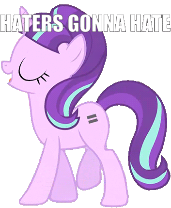 Size: 353x429 | Tagged: animated, derpibooru import, eyes closed, haters gonna hate, image macro, meme, s5 starlight, safe, simple background, starlight glimmer, transparent background, walking