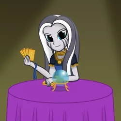 Size: 1600x1600 | Tagged: safe, artist:bootsyslickmane, derpibooru import, zecora, fanfic, fanfic:the shadowbolts adventures, equestria girls, clothes, crystal ball, equestria girls-ified, fanfic art, jewelry, looking at you, makeup, necklace, table, tarot card, vector