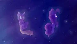 Size: 3500x2000 | Tagged: safe, artist:heir-of-rick, derpibooru import, applejack, pinkie pie, astronaut, duo, how, pinkie being pinkie, pinkie physics, space, spacesuit, starry sky