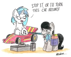 Size: 1880x1514 | Tagged: safe, artist:bobthedalek, derpibooru import, octavia melody, vinyl scratch, earth pony, pony, unicorn, angry, cute, dialogue, female, groceries, mare, octavia is not amused, open mouth, saddle bag, tail pull, tavibetes, traditional art, unamused, vinylbetes