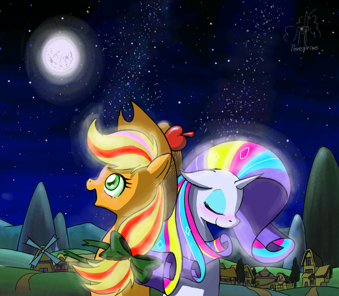 Size: 1169x1022 | Tagged: safe, artist:phoenixperegrine, derpibooru import, applejack, rarity, pony, female, full moon, lesbian, mare, moon, night, ponyville, rainbow power, rarijack, shipping, starry night