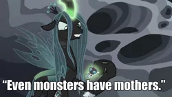 Size: 1280x720 | Tagged: beowulf, caption, changeling, changeling larva, changeling queen, derpibooru import, edit, edited screencap, grub, image macro, meme, mommy chrissy, queen chrysalis, safe, screencap, the times they are a changeling