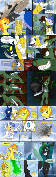 Size: 2560x8000 | Tagged: safe, artist:dangercloseart, derpibooru import, fleetfoot, princess luna, queen chrysalis, spitfire, oc, oc:dive siren, oc:kitty hawk, oc:messerschmitt, bat pony, pony, comic:wings of fire, absurd resolution, blood, comic, drool, explosion, royal guard, weapon