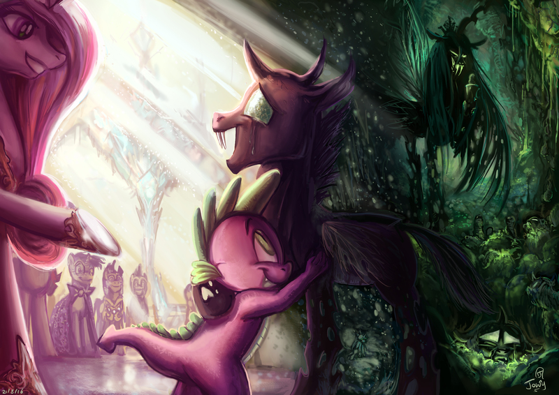 Size: 4961x3508 | Tagged: safe, artist:jowybean, derpibooru import, princess cadance, queen chrysalis, spike, sunburst, thorax, changeling, changeling larva, dragon, the times they are a changeling, absurd resolution, cape, clothes, crepuscular rays, crying, crystal empire, fangs, female, flashback, glasses, glowing eyes, goatee, grin, happy, hive, hug, larva, male, mare, open mouth, raised hoof, royal guard, sad, signature, smiling, tears of joy